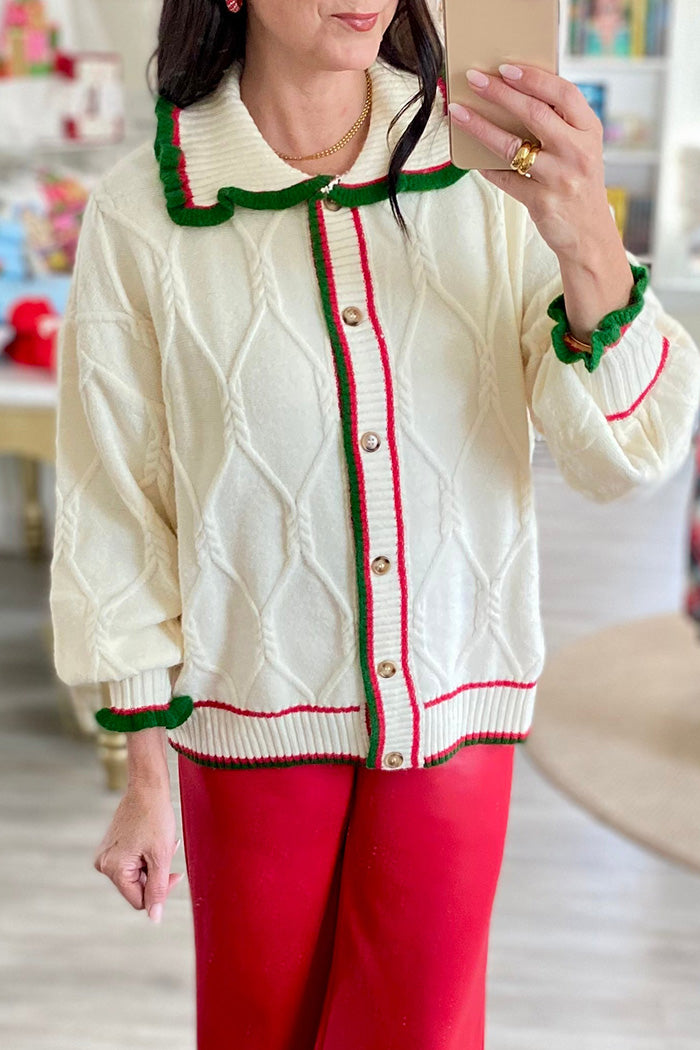 Button front Ruffle Cable Knit Cardigan