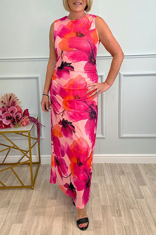 Floral Side Ruching Sleeveless Dress