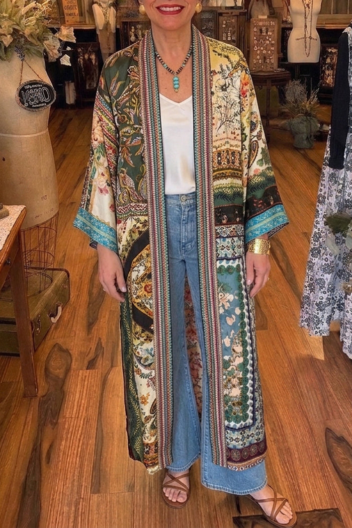 Reversible Patchwork Floral Long Silk Kimono