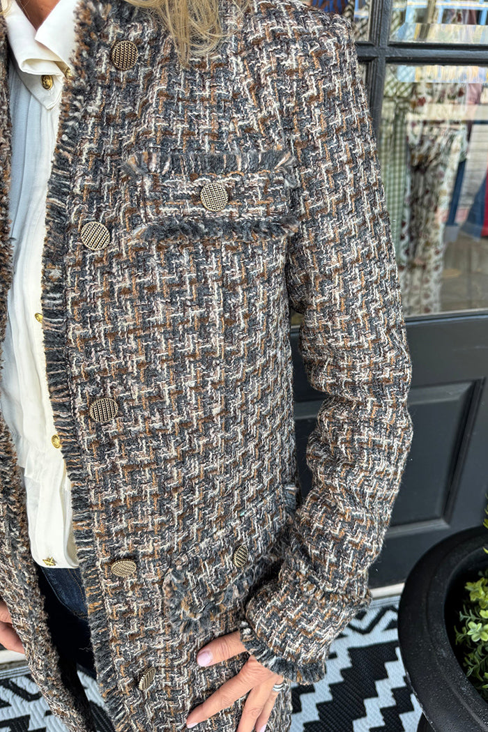 Taupe Multi Mandarin Collar Tweed Coat