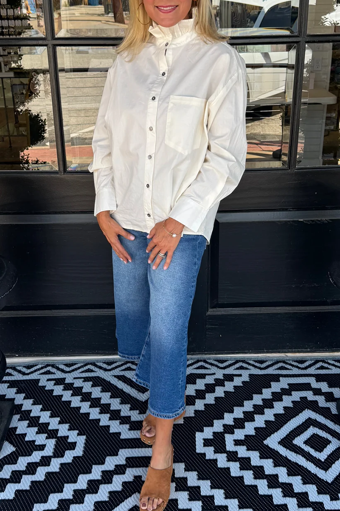 Ruffle Collar Button Front Long Sleeve Top