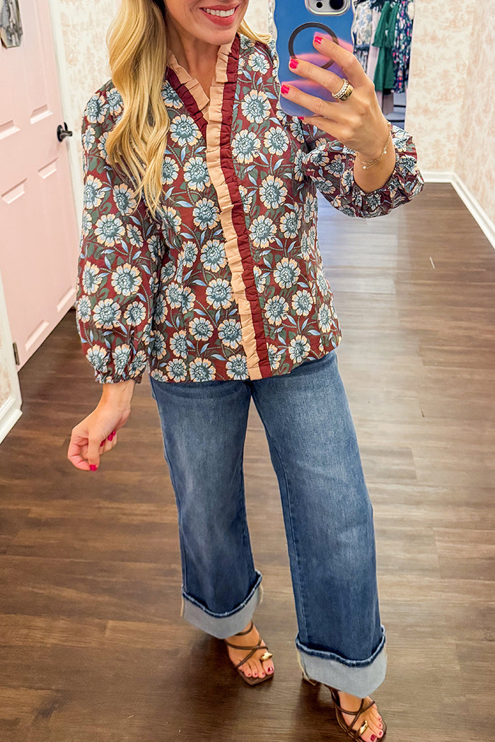 Ruffled V-Neckline Floral Top