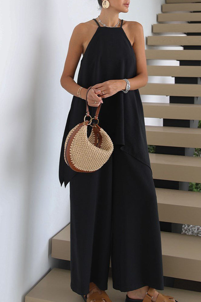 Spaghetti Strap Back Slit Pocket Top Pant Set