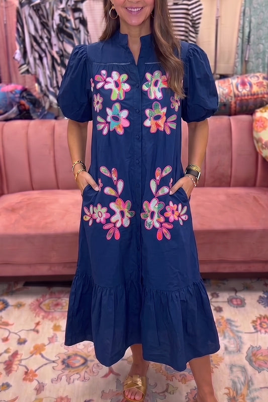 Navy Floral Puff Sleeve Pocket Dress