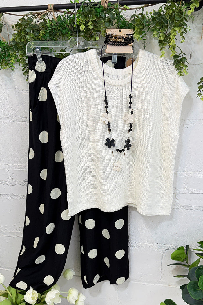 White Knit Cap Sleeve Top & Polka Dot Wide Leg Pants Set