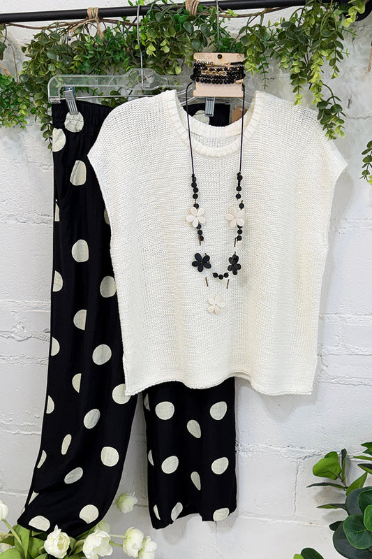 White Knit Cap Sleeve Top & Polka Dot Wide Leg Pants Set