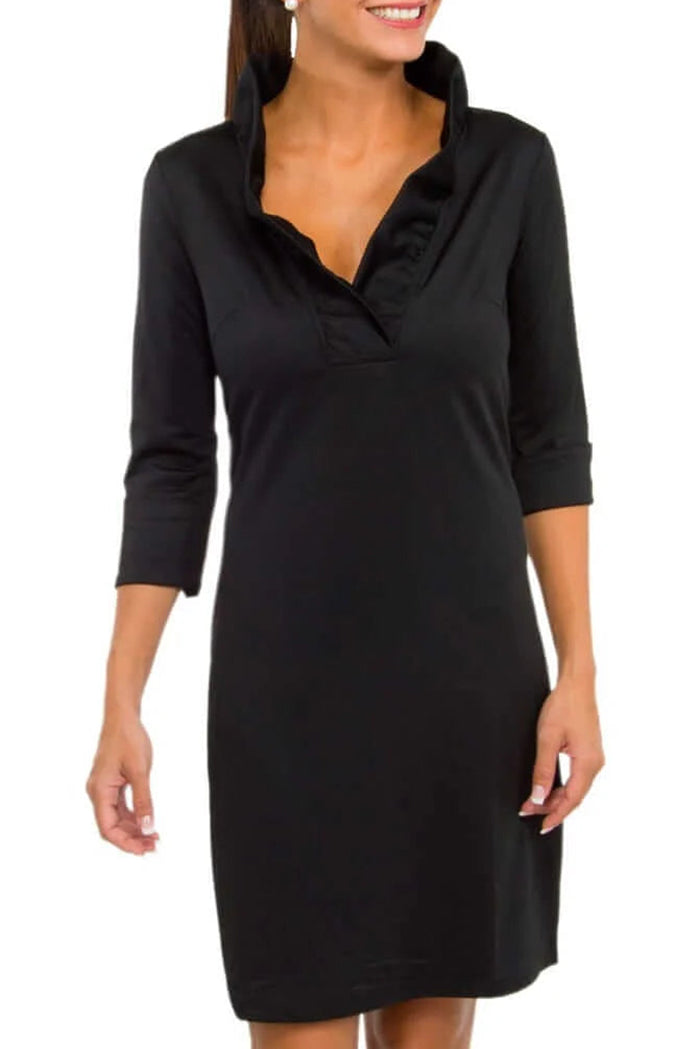 Ruffled Stand-Neck 3/4 Sleeve Sheath Dress
