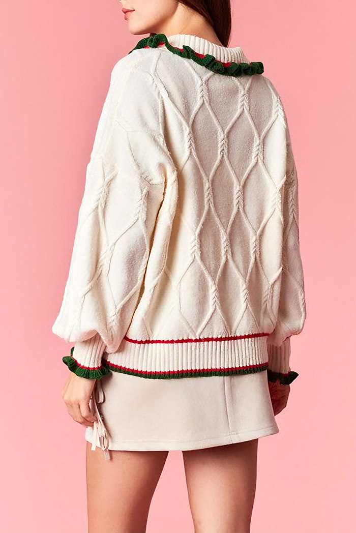 Button front Ruffle Cable Knit Cardigan