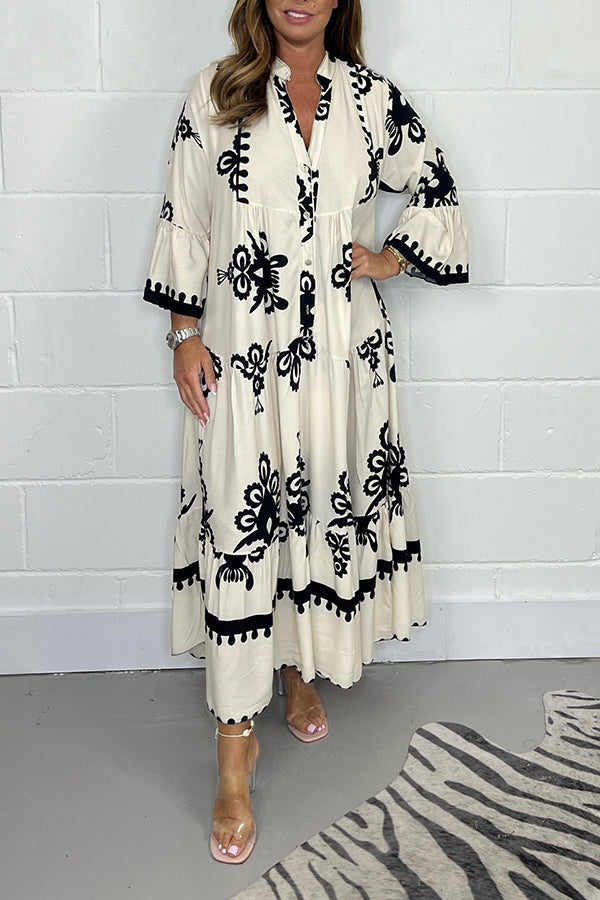 Cream & Black Printed Floaty Maxi Dress