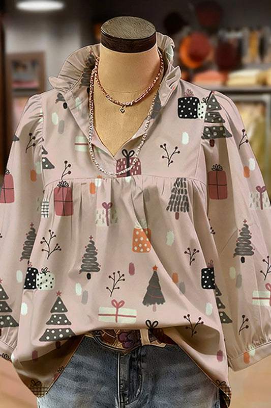 Christmas Print Ruffled V-Neck Puff-Sleeve Blouse