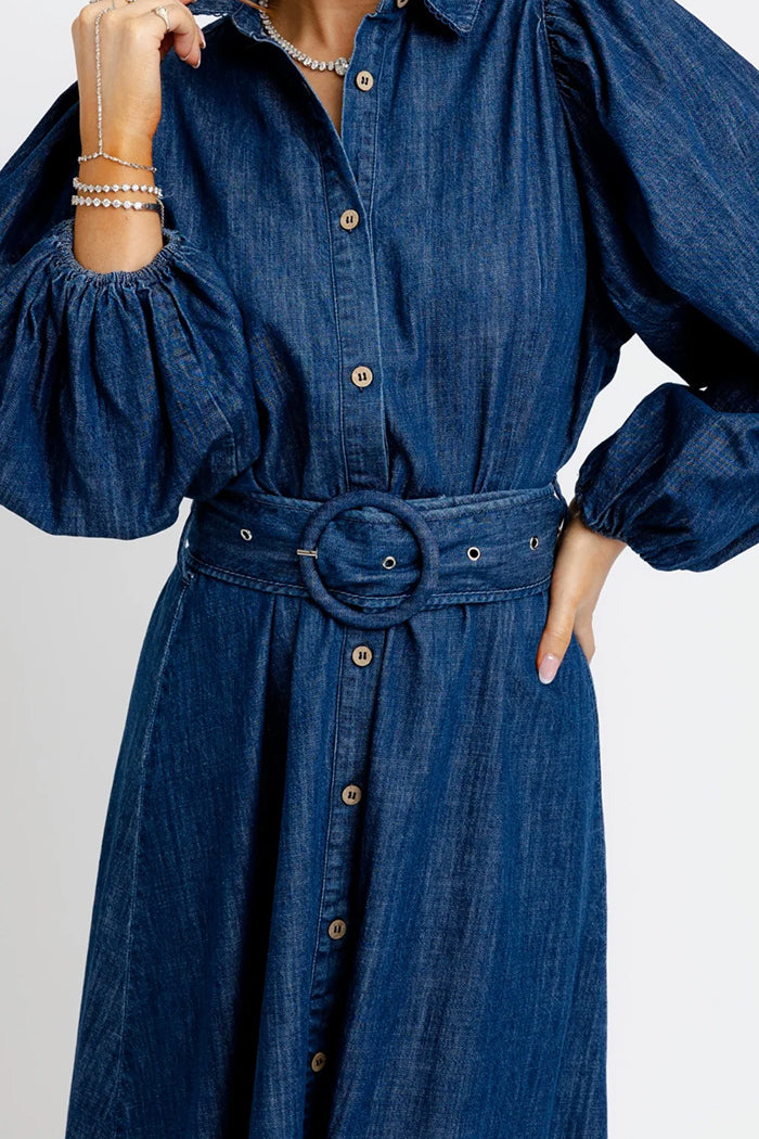 Dark Denim Belted Puff Sleeve Maxi Dress