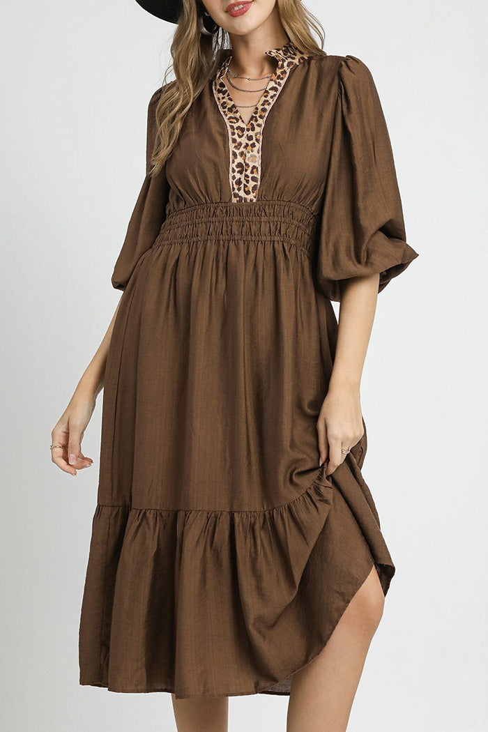 Leopard Trim Smocked Waist Midi Dress