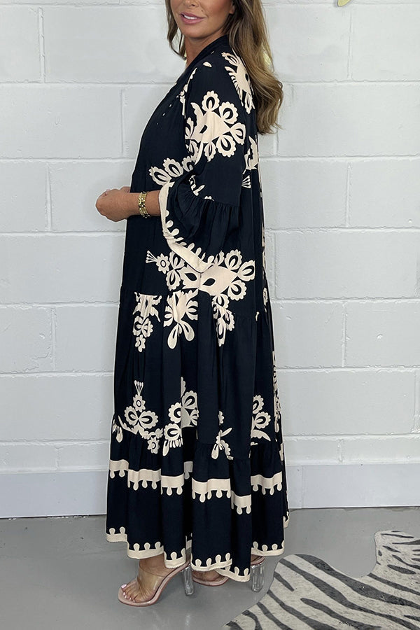 Cream & Black Printed Floaty Maxi Dress