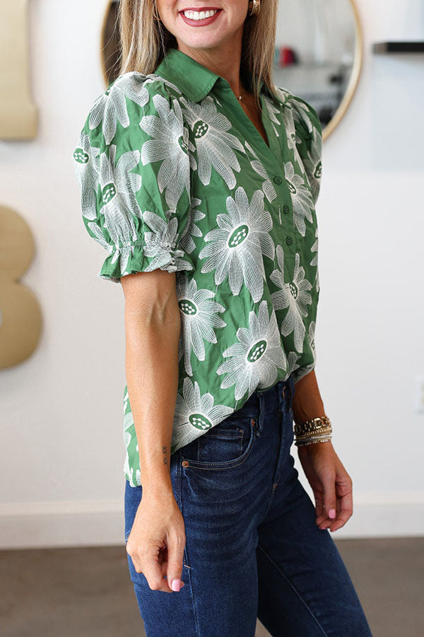 Embroidered Puff Sleeve Top