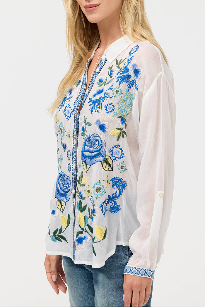Blue Floral Lemon Print Shirt Top