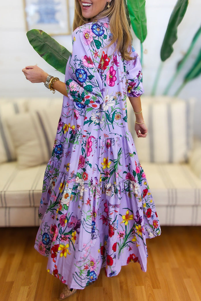 Floral Tie Neck Tiered Maxi Dress