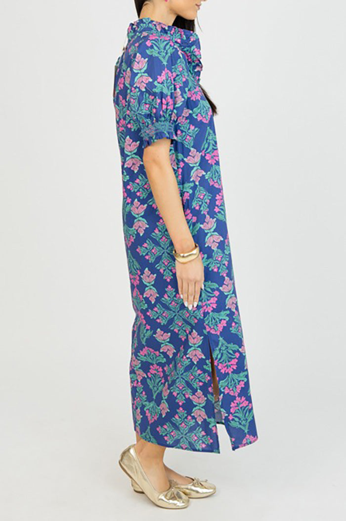 Navy Floral Ruffle Collar Pocket Maxi Dress