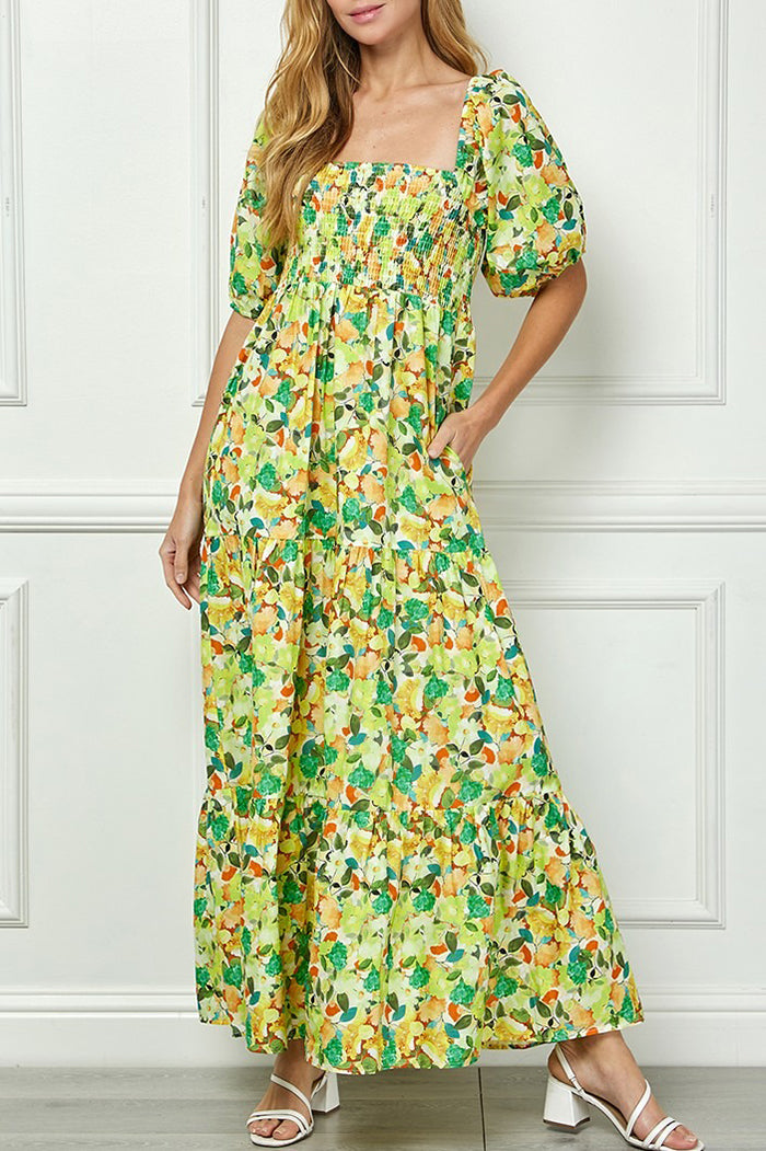Smocked Bodice Floral Maxi Dress