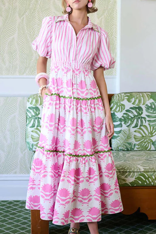 Puff Sleeve Tiered Pocket Midi Dress