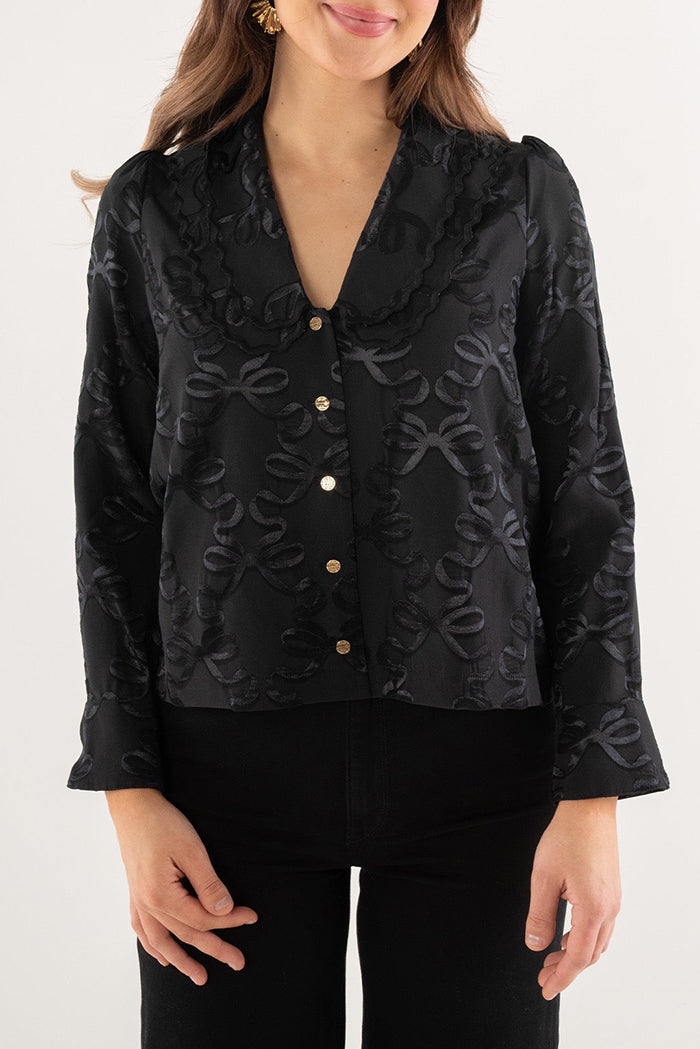 Black Bow-Jacquard Scalloped Collar Blouse