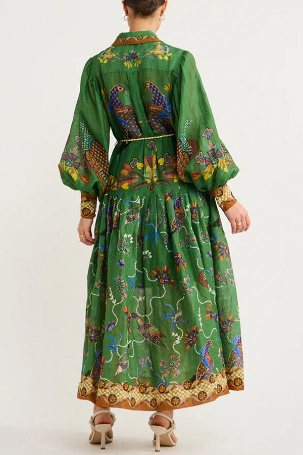 Printed Long-Sleeved Large Swing Dress