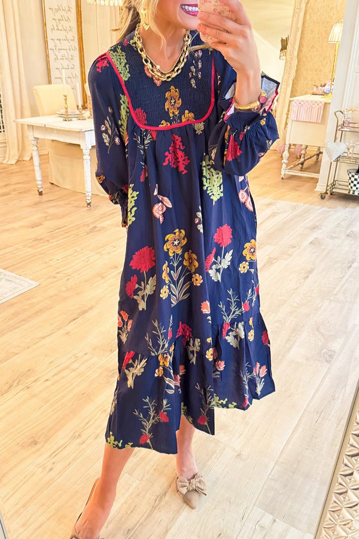 Floral Print Smocked Yoke Tiered Pocket Maxi Dress