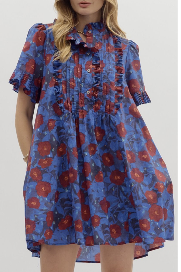 Floral Ruffled Short-Sleeve Pocket Tunic Dress