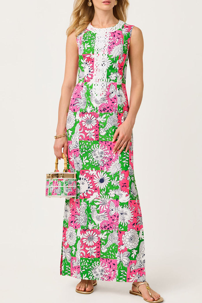 Crochet Trim Sleeveless Print Maxi Dress