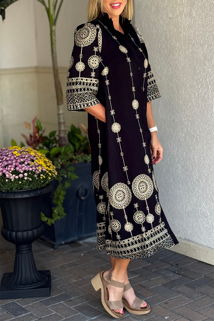 Moonlit Lace Embroidered Pocket Midi Dress