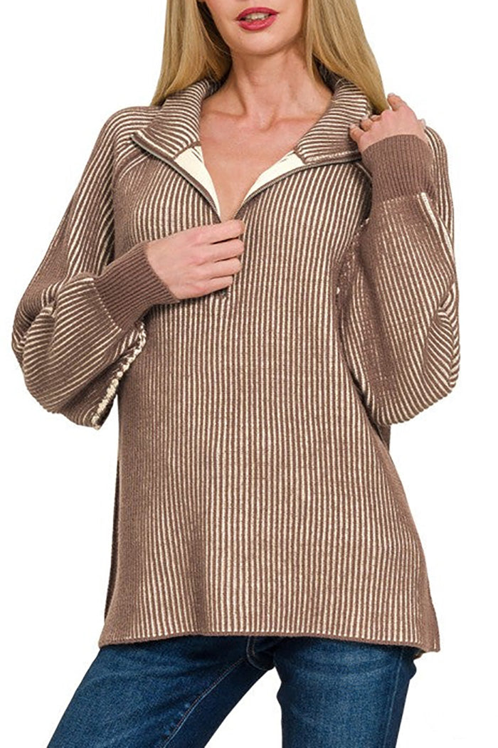 Textured Mock Neck Half Zip Sweater