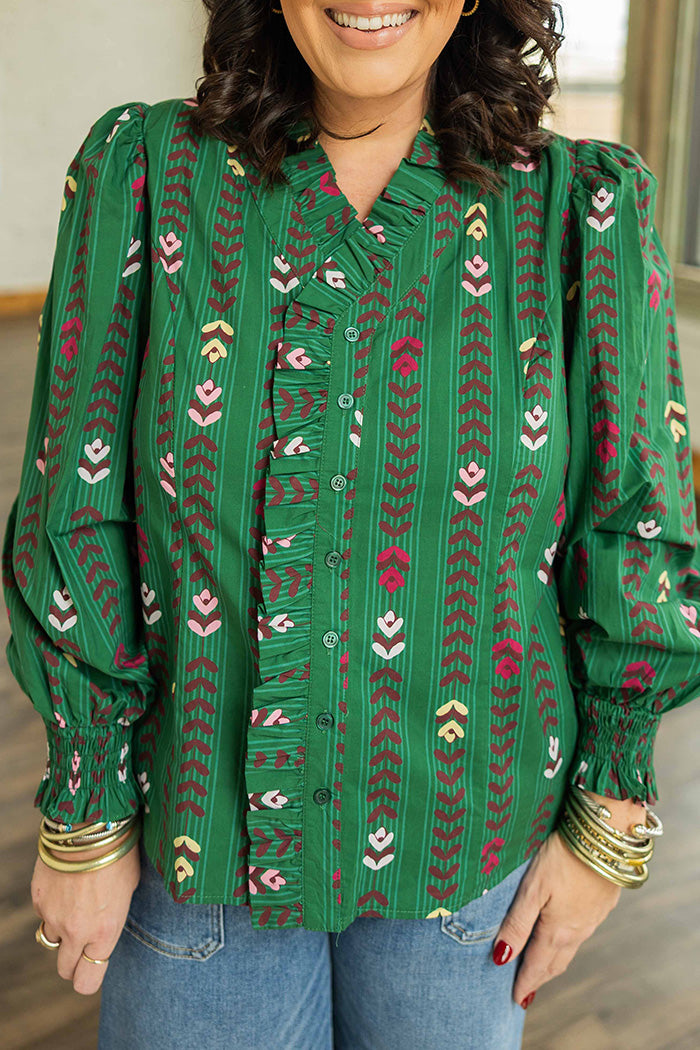 Floral Vine Print Ruffled Smocked Cuff Top