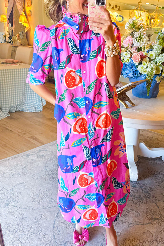 Ruffle Neck Button Up Maxi Dress