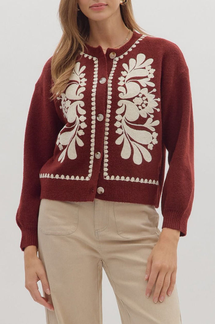 Casual Floral Embroidery Knit Cardigan