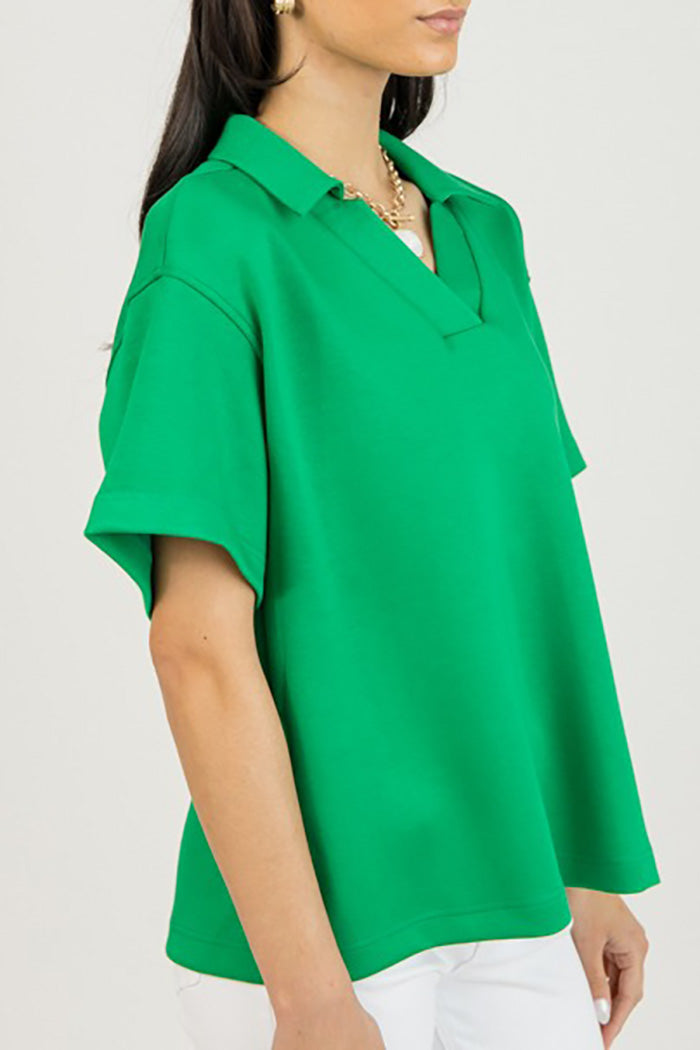 Kelly Green Polo Collar Casual Top