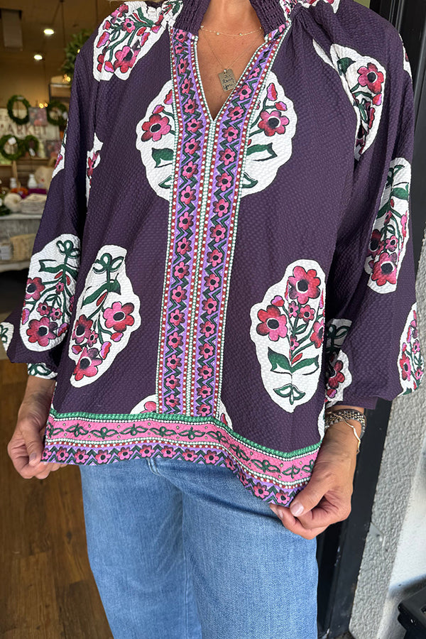 Puff Sleeve Pleated Collar Floral Top