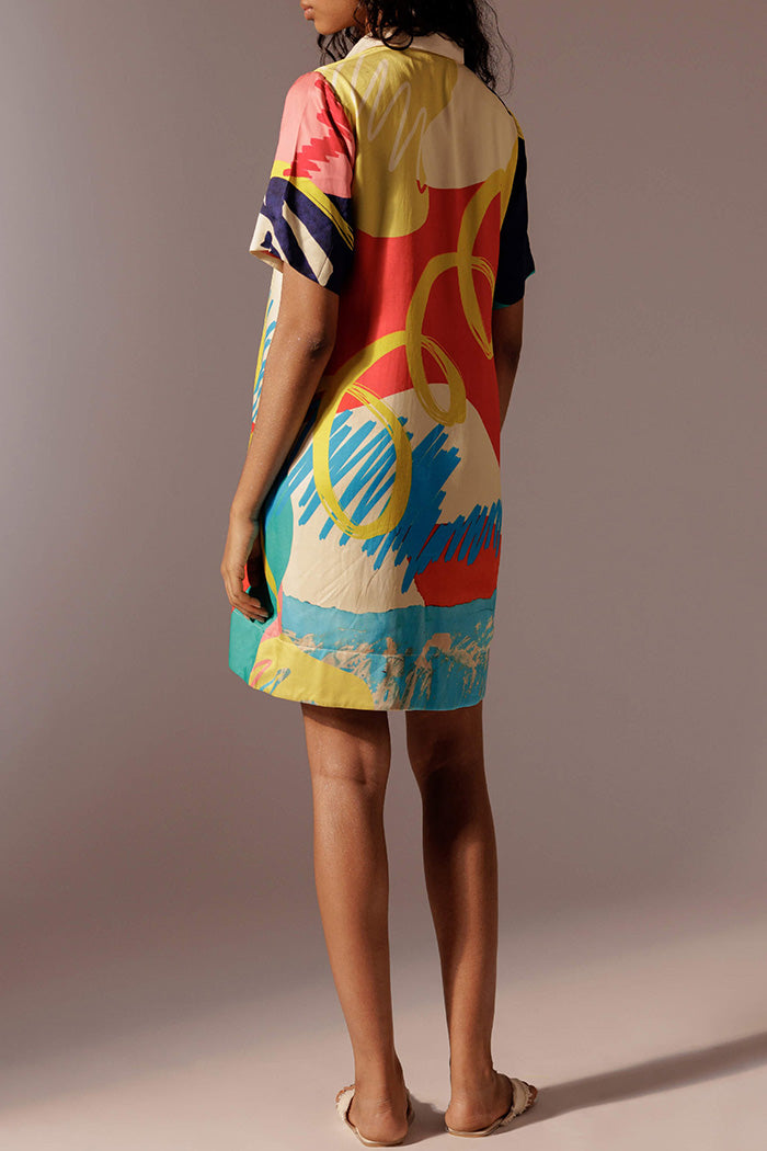 Pocketed Abstract Print Collared Short Sleeve Dress
