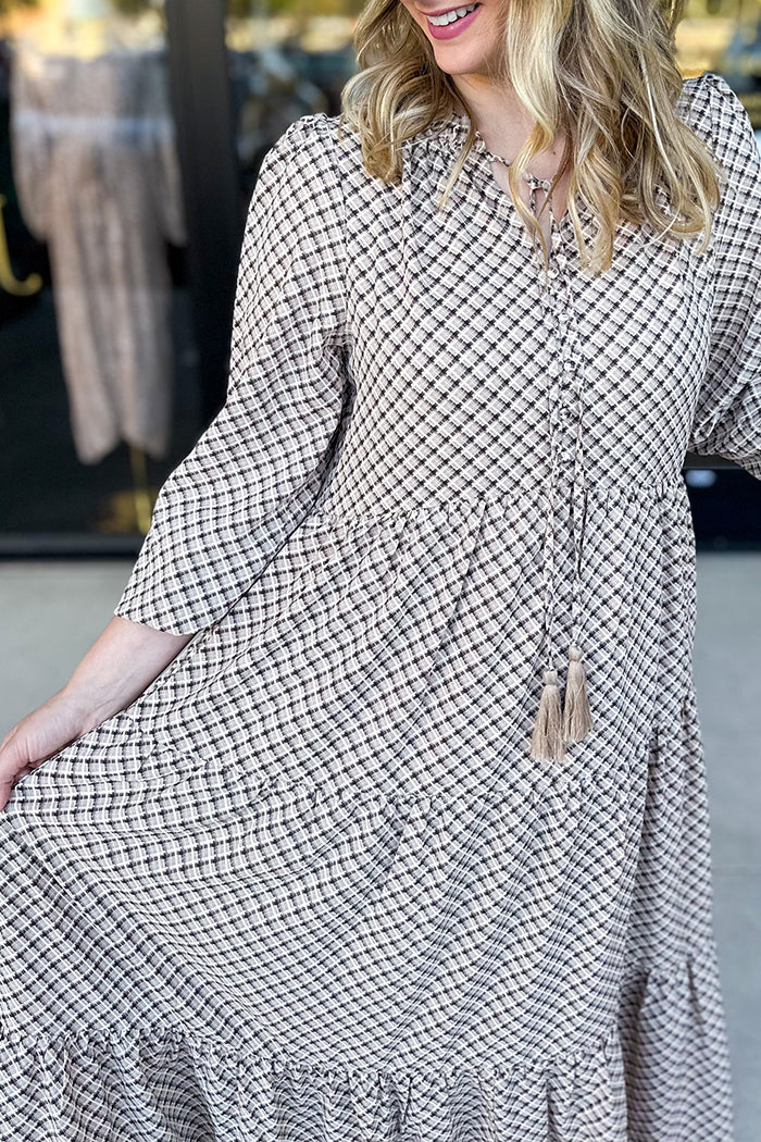 Ruffled Sleeve Checked Pocket Midi Dress