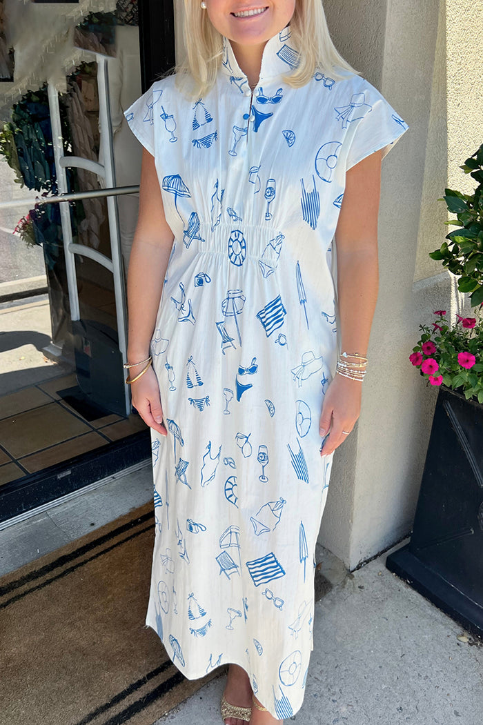 Cap Sleeve Elastic Waist Printed Caftan Dress