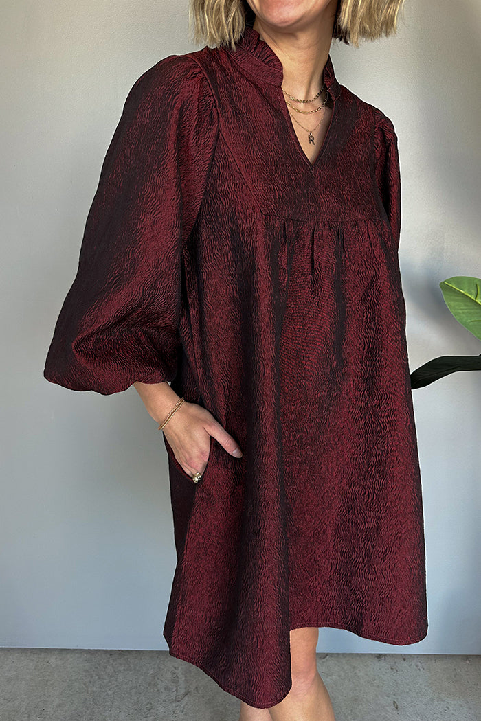 Burgundy V-Neck Puff-Sleeve Mini Dress