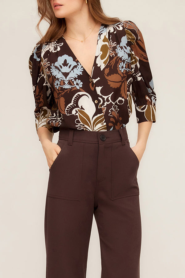 Shirred Sleeve Button-Up Top