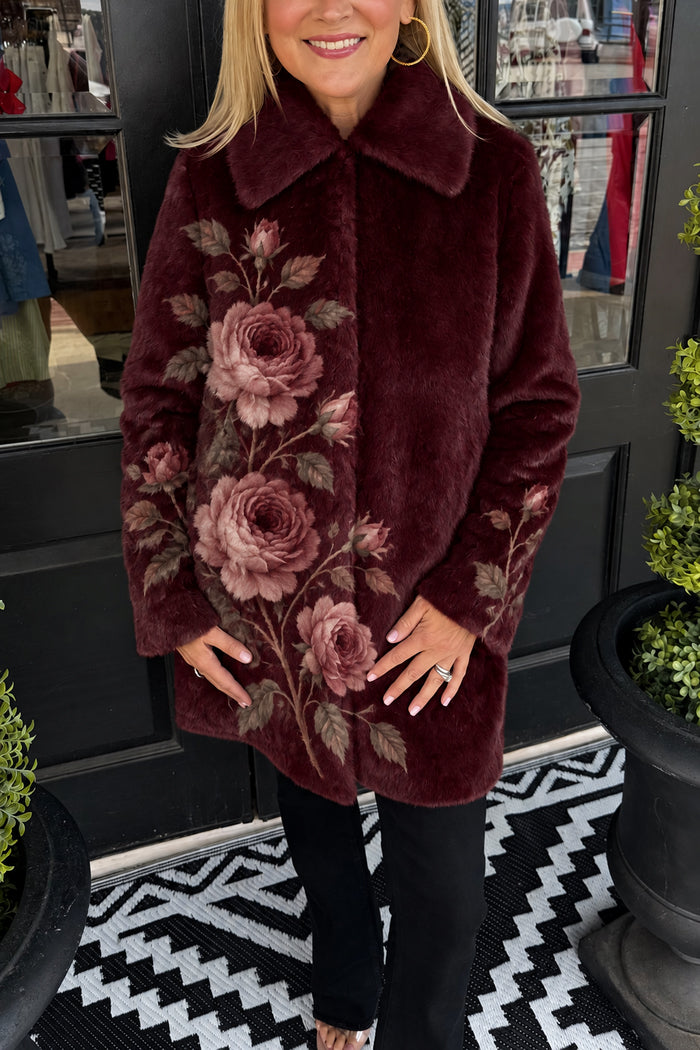 Vintage Floral Pocket Faux Fur Coat