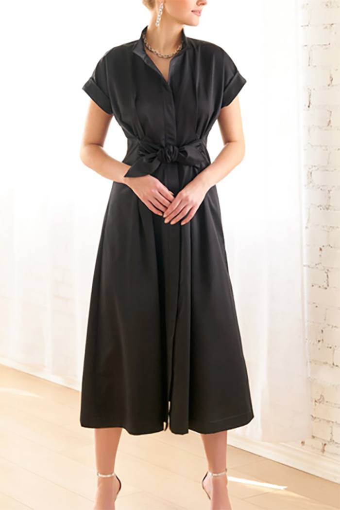 Shirt Collar Bow-Belted Midi Dress