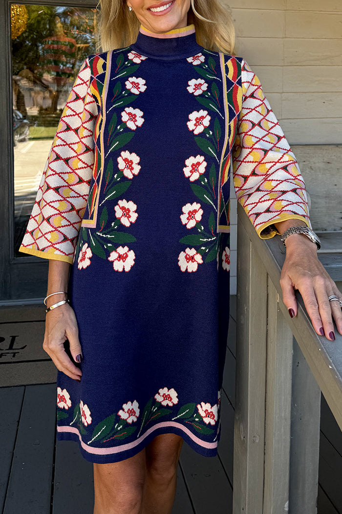 Geometric Pattern High Neck Knit Dress