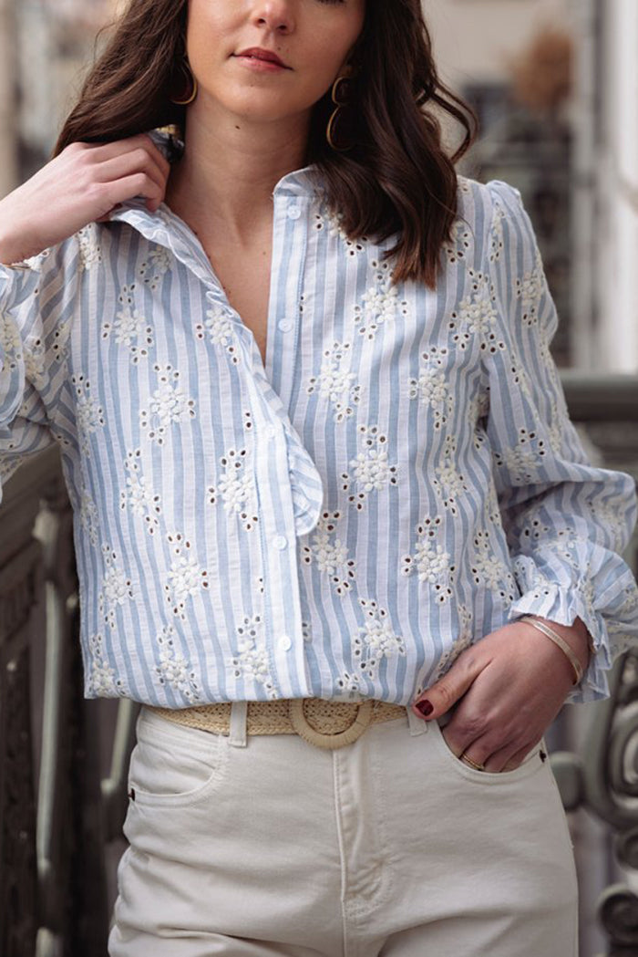 Ruffle Stand Collar Striped Top