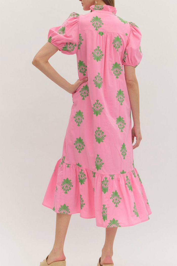 Ruffle Neck Short Puff Sleeve Pocket Midi Dress