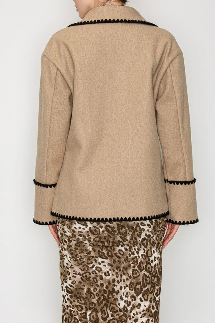 Pocketed Contrast Trim Double Button Jacket