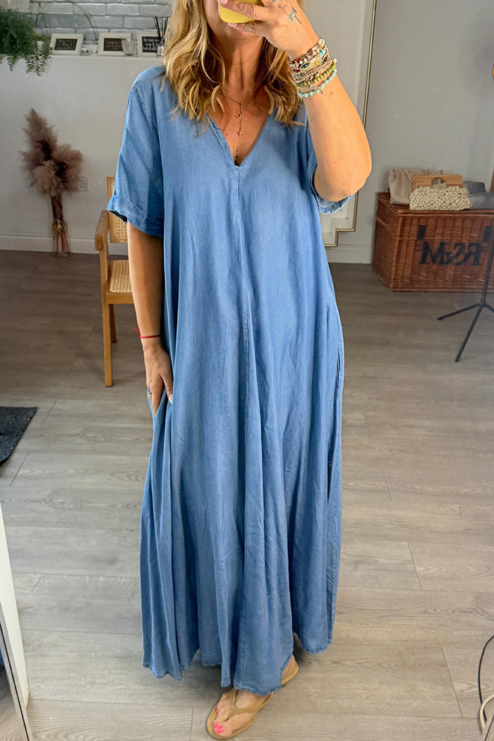 Denim Double V-Neck Maxi Dress