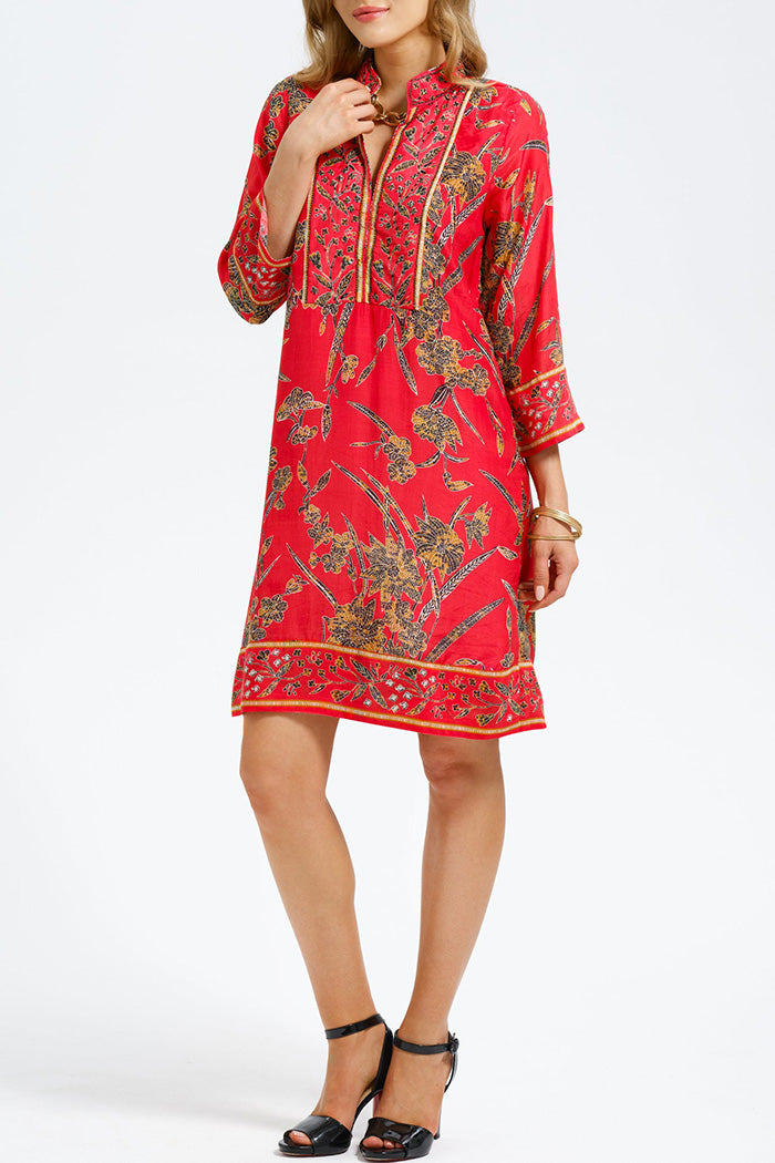 Flora Print Stand Collar Trim Tunic Dress