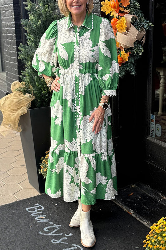 Plant Print Elastic Waisted Dress