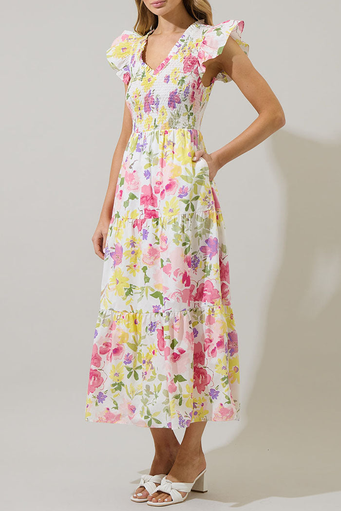 Ruffle Sleeve Floral Pocket Dress